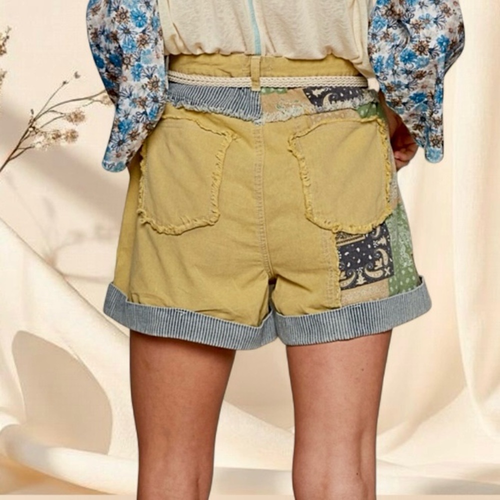 POL Mustard Patchwork Boho Cuff Hem Shorts - Picture 6 of 8